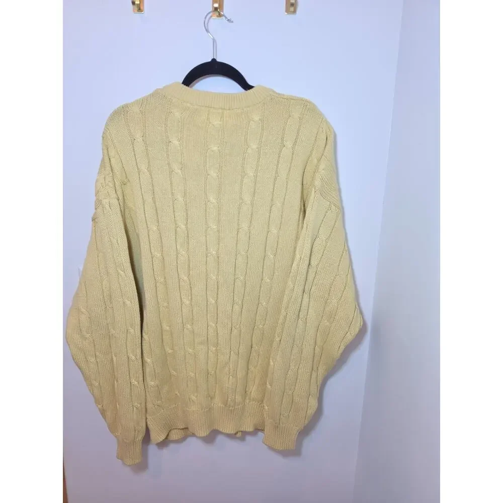 Vintage IZOD Sweater LARGE Crest Chunky Cable Knit Butter Yellow Deadstock NWT
